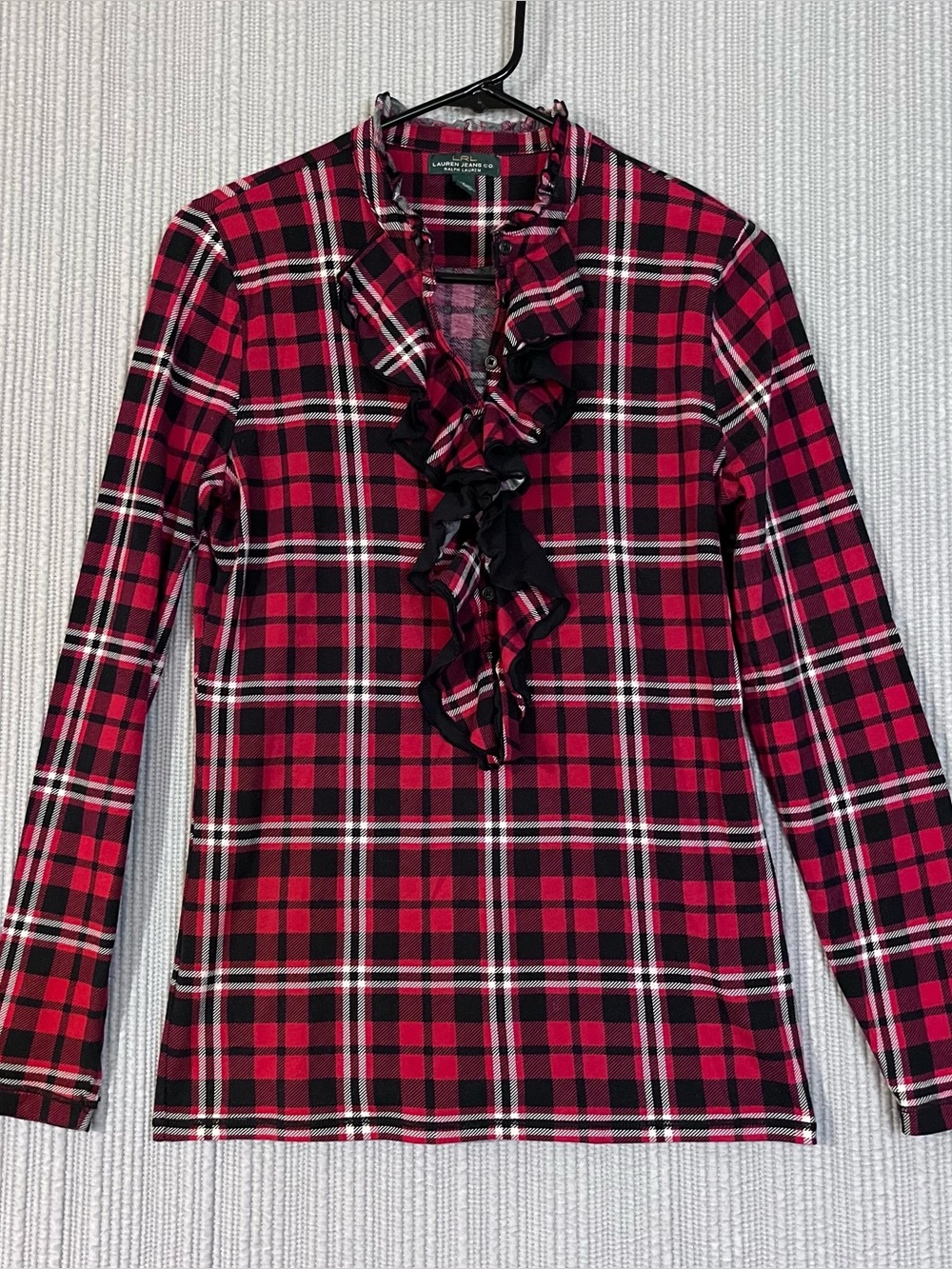 LRL Lauren Jeans Co Red Plaid Top Ruffled Neckline Womens Small